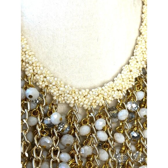 Statement Bib Necklace With White Beads Gray Crystals & Gold Chains By Ailema - Picture 3 of 8
